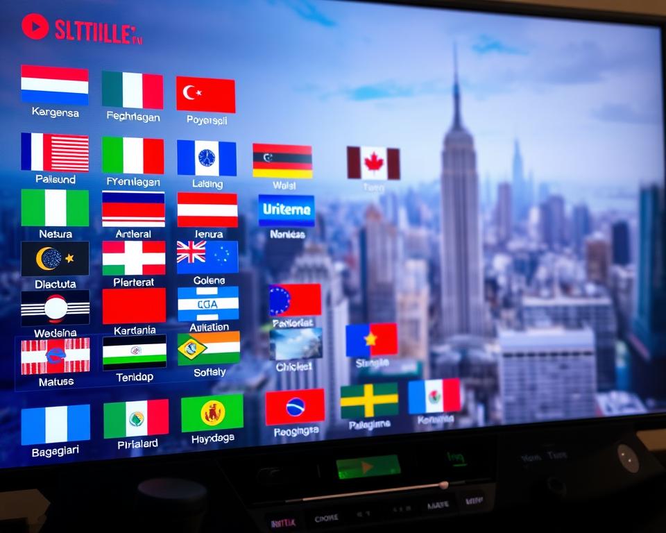 A vibrant streaming interface with a diverse selection of language options and subtitles, showcasing the global reach and accessibility of modern entertainment platforms. In the foreground, a sleek media player with controls and dynamic subtitles, while the middle ground features a grid of international flags and language icons. The background depicts a blurred cityscape, hinting at the worldwide connectivity and cultural exchange enabled by these streaming services. The overall scene conveys a sense of inclusivity, technology, and the power of choice in the ever-expanding world of digital entertainment.