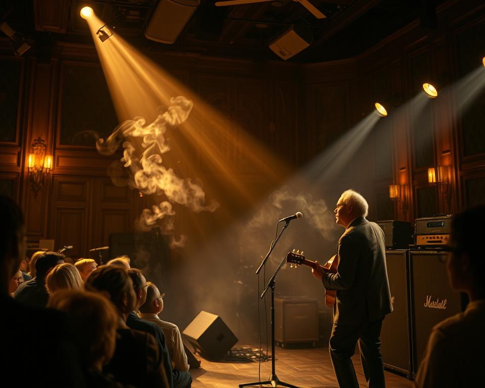 An ethereal performance in a cozy, dimly lit concert hall. The stage is bathed in a warm, golden glow, casting a soft, nostalgic light on the seasoned musician lost in the soulful melodies of their instrument. Wisps of smoke drift through the air, adding to the atmospheric, vintage aesthetic. The audience is captured in rapt attention, their faces illuminated by the gentle stage lighting, evoking a sense of timeless wonder and appreciation for the musical experience. Antique furniture and vintage amplifiers in the background suggest a reverence for the rich history of music, while the musician's intense focus conveys the depth of their artistry and the power of their craft.