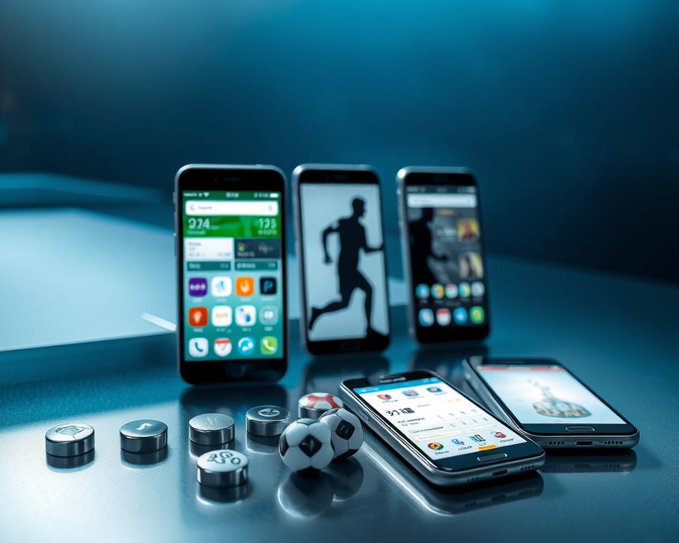 Comparison of features between football apps, showcased on a sleek, metallic surface. In the foreground, detailed icons representing various functionalities - live scores, match highlights, player stats, and more. The middle ground features silhouettes of mobile devices, their screens displaying the apps' interfaces in a clean, minimalist style. The background is a cool-toned, tech-inspired environment, with subtle gradients and geometric patterns, creating a sense of sophistication and modernity. Soft, directional lighting accentuates the product details, while a shallow depth of field maintains the focus on the key elements. The overall atmosphere conveys a sense of professionalism, highlighting the apps' capabilities and the user's ability to easily compare their features.
