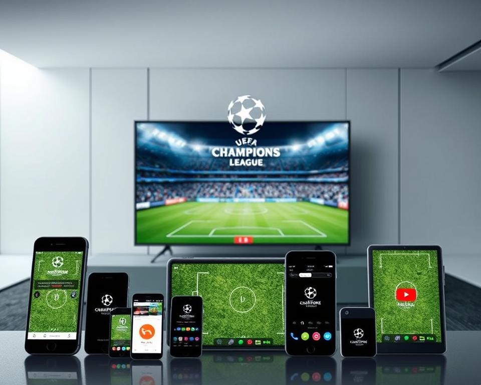 Comparison of football viewing platforms set against a modern, minimalist backdrop. In the foreground, various mobile devices and streaming services are displayed, showcasing their logos and interfaces. The middle ground features a large flat-screen TV, acting as the central focal point. The background is a sleek, contemporary environment with clean lines and a neutral color palette, emphasizing the technological nature of the scene. The lighting is soft and even, creating a professional, editorial-style atmosphere. The overall composition guides the viewer's eye through the different platforms available for enjoying football matches, particularly the UEFA Champions League.