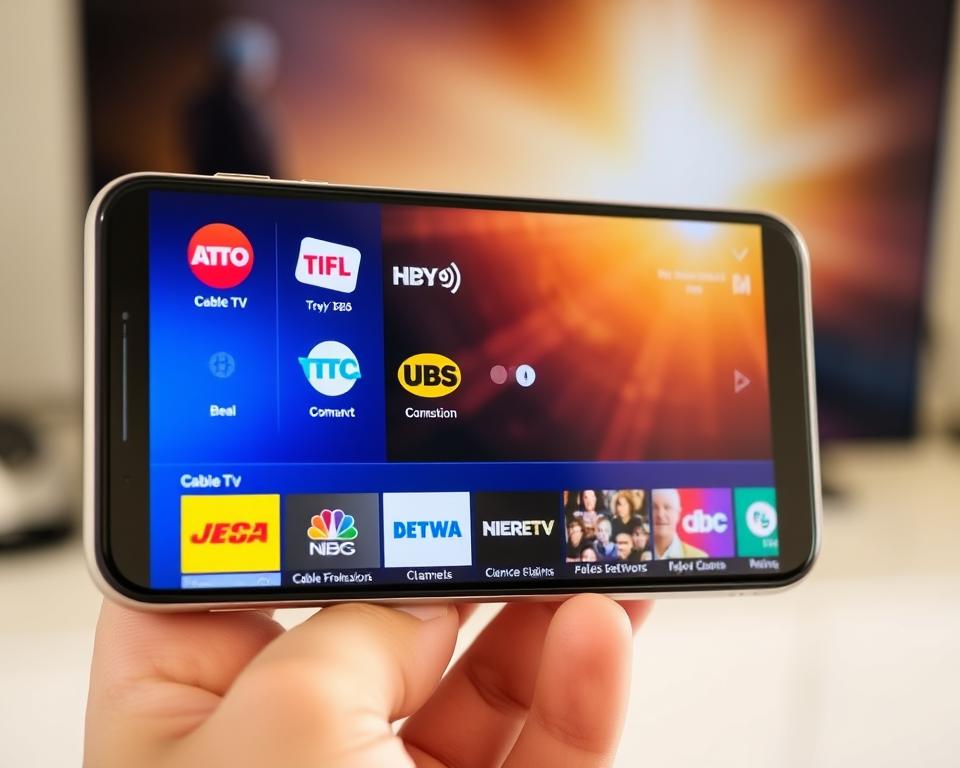 High-definition television broadcast on a smartphone screen, displaying a variety of cable TV channels. The screen is sharp, vibrant, and clear, showcasing the crisp, lifelike image quality. The user interface is intuitive, with channel logos and program information displayed prominently. The scene is well-lit, with a warm, natural lighting that enhances the overall visual experience. The smartphone is held in a hand, suggesting the portability and convenience of the mobile TV viewing experience. The background is blurred, keeping the focus on the smartphone screen and the content it displays.