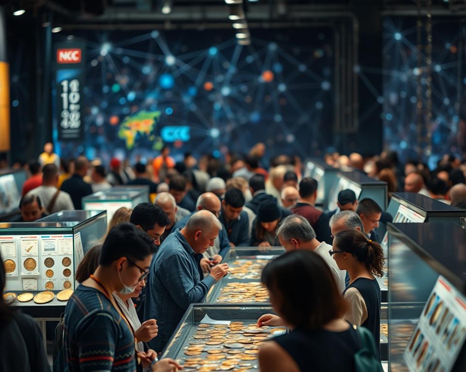 A bustling global numismatic community, a tapestry of diverse cultures and shared passions. In the foreground, collectors from around the world gather, examining rare and ancient coins, their faces illuminated by the soft glow of a warm, inviting light. In the middle ground, display cases showcase the glimmering, meticulously preserved treasures, each with a story to tell. The background fades into a blurred, yet vibrant mosaic of interconnected digital networks, symbolizing the seamless global connections that empower this thriving numismatic ecosystem. Atmospheric depth, elegant lighting, and a sense of reverence and wonder permeate the scene, capturing the essence of the "NGC: Connecting Collectors Worldwide" experience. A bustling global numismatic community, a tapestry of diverse cultures and shared passions. In the foreground, collectors from around the world gather, examining rare and ancient coins, their faces illuminated by the soft glow of a warm, inviting light. In the middle ground, display cases showcase the glimmering, meticulously preserved treasures, each with a story to tell. The background fades into a blurred, yet vibrant mosaic of interconnected digital networks, symbolizing the seamless global connections that empower this thriving numismatic ecosystem. Atmospheric depth, elegant lighting, and a sense of reverence and wonder permeate the scene, capturing the essence of the "NGC: Connecting Collectors Worldwide" experience.