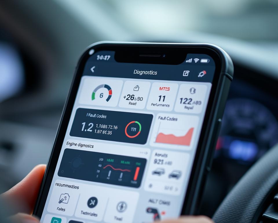 A close-up view of a modern automotive diagnostic app interface displayed on a high-resolution smartphone screen. The app's user-friendly layout showcases various vehicle diagnostics tools and metrics, including engine performance, fault codes, and repair recommendations. The screen is well-lit, with a clean, minimalist design and intuitive icons and graphs. The background is blurred, placing the app's features in sharp focus, conveying a sense of precision and technological sophistication. The overall mood is one of efficiency and reliability, highlighting the app's ability to provide comprehensive vehicle health monitoring and troubleshooting capabilities. A close-up view of a modern automotive diagnostic app interface displayed on a high-resolution smartphone screen. The app's user-friendly layout showcases various vehicle diagnostics tools and metrics, including engine performance, fault codes, and repair recommendations. The screen is well-lit, with a clean, minimalist design and intuitive icons and graphs. The background is blurred, placing the app's features in sharp focus, conveying a sense of precision and technological sophistication. The overall mood is one of efficiency and reliability, highlighting the app's ability to provide comprehensive vehicle health monitoring and troubleshooting capabilities.