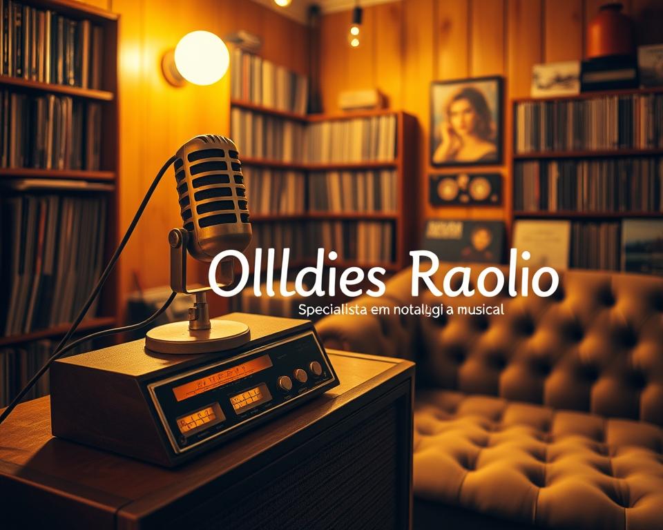 A cozy, retro-inspired radio studio bathed in warm, golden lighting. In the foreground, an old-fashioned microphone sits atop a vintage radio console, its analog dials and knobs glowing softly. Shelves along the walls showcase an extensive collection of vinyl records, hinting at the wealth of nostalgic musical treasures waiting to be discovered. The background features wood-paneled walls and a plush, tufted sofa, creating a comforting, lived-in atmosphere. An overall sense of timeless charm and musical passion permeates the scene, perfectly encapsulating the essence of "Oldies Radio: Especialista em Nostalgia Musical". A cozy, retro-inspired radio studio bathed in warm, golden lighting. In the foreground, an old-fashioned microphone sits atop a vintage radio console, its analog dials and knobs glowing softly. Shelves along the walls showcase an extensive collection of vinyl records, hinting at the wealth of nostalgic musical treasures waiting to be discovered. The background features wood-paneled walls and a plush, tufted sofa, creating a comforting, lived-in atmosphere. An overall sense of timeless charm and musical passion permeates the scene, perfectly encapsulating the essence of "Oldies Radio: Especialista em Nostalgia Musical".