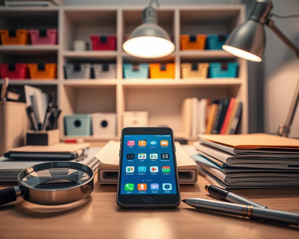 A cozy, well-organized desk showcasing a smartphone, surrounded by various organizing tools and techniques. In the foreground, a magnifying glass, a labelled file folder, and a pen neatly arranged. The middle ground features the smartphone with a glowing screen, icons and file structures visible. In the background, shelves with color-coded storage containers, a desk lamp providing warm, focused lighting, and a minimalist, clean aesthetic. The scene conveys a sense of productivity, attention to detail, and manual optimization of digital storage on a mobile device.