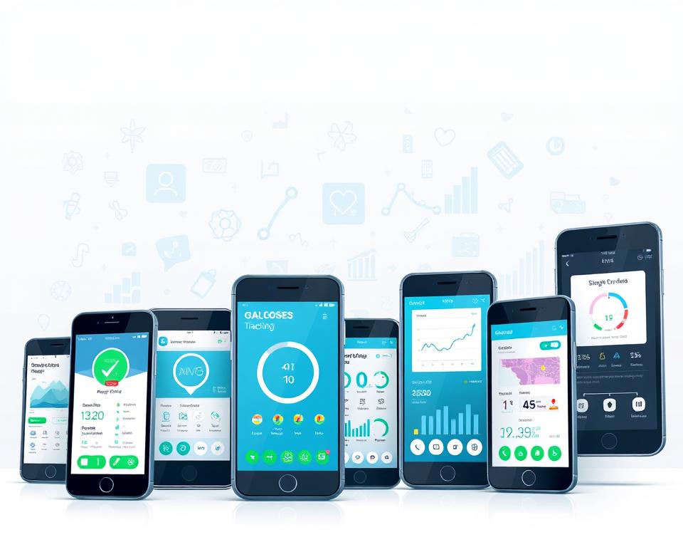 A detailed digital illustration depicting a variety of mobile apps for glucose monitoring. In the foreground, several smartphone screens display different glucose tracking apps, showcasing their user interfaces and features. In the middle ground, medical icons, charts, and graphs illustrate the data and insights provided by these apps. The background features a clean, minimalist design with subtle medical-themed textures and patterns, creating a professional and informative atmosphere. The lighting is soft and even, highlighting the apps' details and interfaces. The overall composition conveys the importance of mobile technology in glucose management and the comprehensive solutions offered by the best monitoring apps.