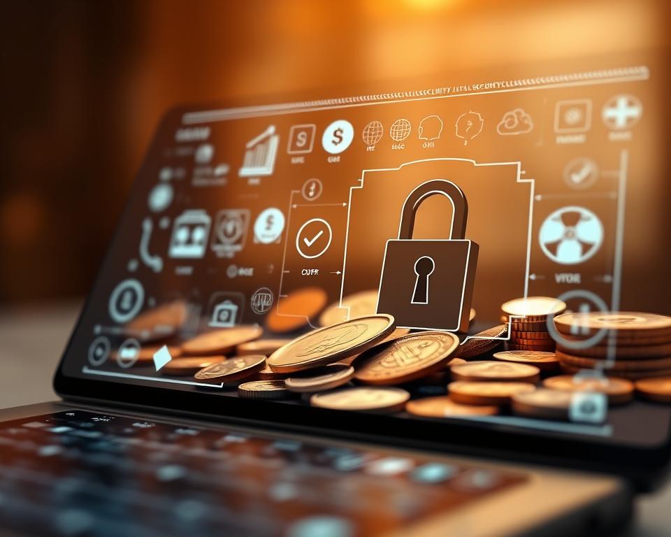 A digital security application interface with a prominent display of virtual coins and currency symbols, conveying the concept of protecting valuable assets. The foreground features a sleek, minimalist design with a focus on user privacy and data encryption. The middle ground showcases a range of rare, ancient-looking coins and collectibles, surrounded by a soft, muted color palette that evokes a sense of historical significance. The background gently blurs, suggesting a secure, private environment. Warm, directional lighting emphasizes the application's features, creating a visually appealing and trustworthy atmosphere. A digital security application interface with a prominent display of virtual coins and currency symbols, conveying the concept of protecting valuable assets. The foreground features a sleek, minimalist design with a focus on user privacy and data encryption. The middle ground showcases a range of rare, ancient-looking coins and collectibles, surrounded by a soft, muted color palette that evokes a sense of historical significance. The background gently blurs, suggesting a secure, private environment. Warm, directional lighting emphasizes the application's features, creating a visually appealing and trustworthy atmosphere.