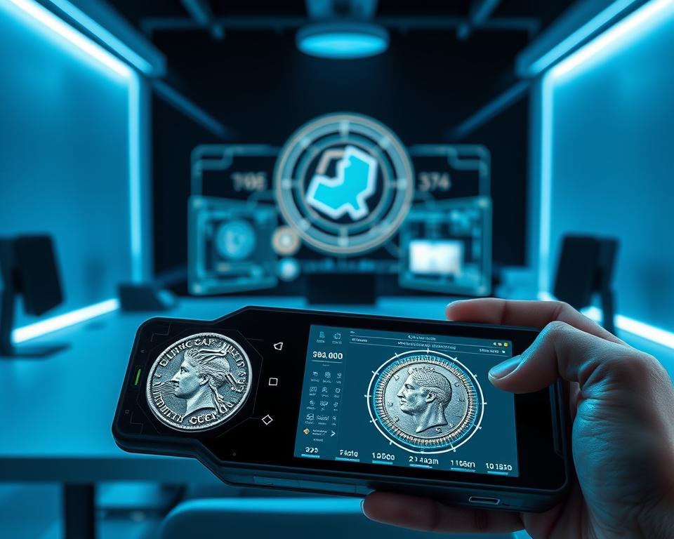 A future-focused scene showcasing the identification of rare and ancient coins with advanced technology. In the foreground, a futuristic handheld device displays intricate 3D scans and detailed information about a rare coin. The middle ground features a stylized holographic interface, projecting high-resolution images and data. In the background, a sleek, minimalist workspace is bathed in cool, blue-tinted lighting, creating an atmosphere of innovation and precision. The scene conveys a sense of cutting-edge coin identification, where technology seamlessly bridges the gap between collectors and their valuable numismatic treasures. A future-focused scene showcasing the identification of rare and ancient coins with advanced technology. In the foreground, a futuristic handheld device displays intricate 3D scans and detailed information about a rare coin. The middle ground features a stylized holographic interface, projecting high-resolution images and data. In the background, a sleek, minimalist workspace is bathed in cool, blue-tinted lighting, creating an atmosphere of innovation and precision. The scene conveys a sense of cutting-edge coin identification, where technology seamlessly bridges the gap between collectors and their valuable numismatic treasures.