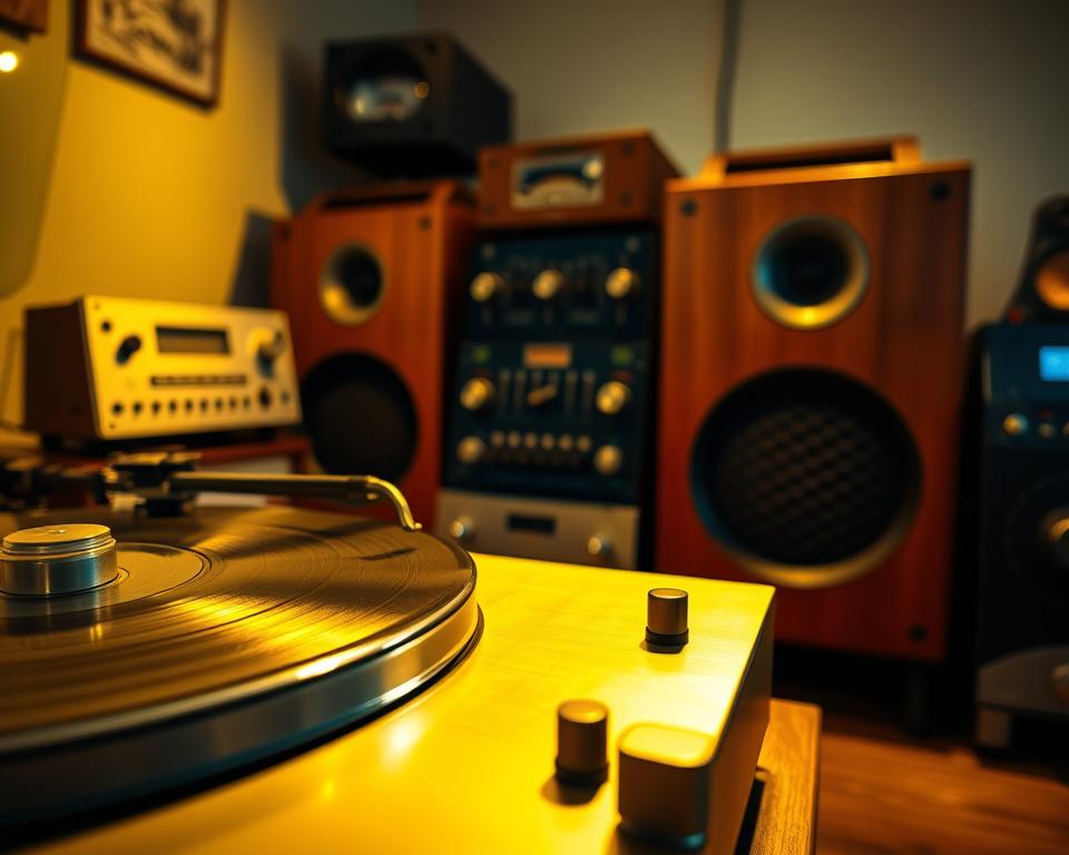 A high-fidelity vintage audio system bathed in warm, golden lighting. The foreground features a classic turntable with a sleek, brushed metal finish and a premium cartridge, conveying the premium quality of sound. The middle ground showcases a pair of elegant, wood-paneled speakers with intricate grille patterns, evoking a sense of timeless design. In the background, a softly blurred analog equalizer and other vintage audio components hint at the depth of control and customization available. The entire scene exudes an atmosphere of audiophile indulgence, capturing the "Qualidade de Som que Vai Te Surpreender" (Sound Quality That Will Surprise You). A high-fidelity vintage audio system bathed in warm, golden lighting. The foreground features a classic turntable with a sleek, brushed metal finish and a premium cartridge, conveying the premium quality of sound. The middle ground showcases a pair of elegant, wood-paneled speakers with intricate grille patterns, evoking a sense of timeless design. In the background, a softly blurred analog equalizer and other vintage audio components hint at the depth of control and customization available. The entire scene exudes an atmosphere of audiophile indulgence, capturing the "Qualidade de Som que Vai Te Surpreender" (Sound Quality That Will Surprise You).