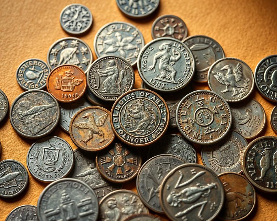 A high-quality macro photograph of a diverse collection of rare and ancient coins, meticulously arranged on a warm, neutral background. The coins feature intricate designs, varying patinas, and a range of denominations, materials, and historical eras. Soft, directional lighting casts gentle shadows, highlighting the textures and details of the coins. The composition is visually balanced, with the coins occupying the majority of the frame, allowing the viewer to closely examine and appreciate their unique characteristics. The overall atmosphere conveys a sense of scholarly fascination and the thrill of numismatic discovery. A high-quality macro photograph of a diverse collection of rare and ancient coins, meticulously arranged on a warm, neutral background. The coins feature intricate designs, varying patinas, and a range of denominations, materials, and historical eras. Soft, directional lighting casts gentle shadows, highlighting the textures and details of the coins. The composition is visually balanced, with the coins occupying the majority of the frame, allowing the viewer to closely examine and appreciate their unique characteristics. The overall atmosphere conveys a sense of scholarly fascination and the thrill of numismatic discovery.