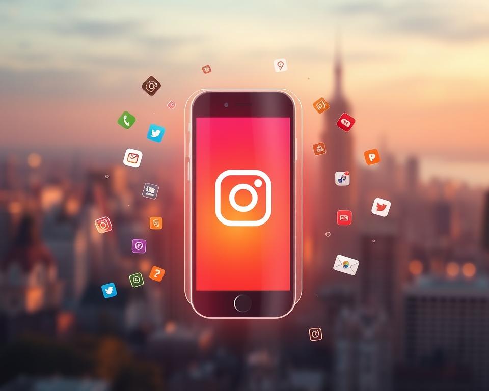 A high-resolution digital illustration depicting a smartphone screen surrounded by a protective shield, shielding it from a swarm of external apps and icons. The screen shows a stylized Instagram logo, symbolizing the user's online presence. The shield is translucent, allowing glimpses of the background, which features a serene, blurred cityscape. Warm lighting casts a soft glow, conveying a sense of security and privacy. The composition is balanced, with the smartphone and shield taking up the central focus, while the background provides a calming, contextual backdrop. The overall tone is one of vigilance and digital self-protection.
