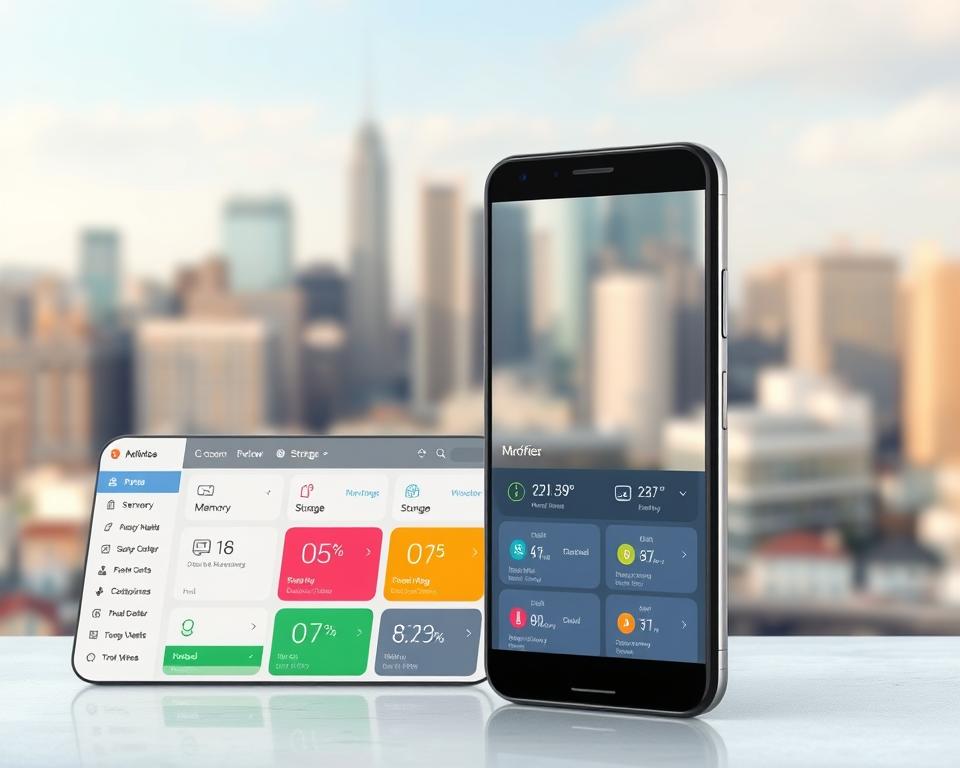 A meticulously designed mobile application interface, showcasing a suite of optimization tools for enhancing cell phone performance. The foreground features a sleek, intuitive dashboard with customizable settings for memory, storage, and battery life. In the middle ground, a series of colorful, informative widgets provide real-time data on device health and recommended actions. The background depicts a blurred cityscape, conveying a sense of urban modernity and technological advancement. Crisp lighting and a subtle depth of field draw the viewer's attention to the app's core functionality, while a serene, minimalist color palette evokes a sense of control and efficiency. A meticulously designed mobile application interface, showcasing a suite of optimization tools for enhancing cell phone performance. The foreground features a sleek, intuitive dashboard with customizable settings for memory, storage, and battery life. In the middle ground, a series of colorful, informative widgets provide real-time data on device health and recommended actions. The background depicts a blurred cityscape, conveying a sense of urban modernity and technological advancement. Crisp lighting and a subtle depth of field draw the viewer's attention to the app's core functionality, while a serene, minimalist color palette evokes a sense of control and efficiency.