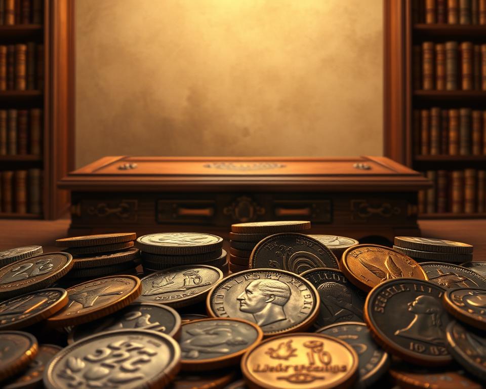 A meticulously detailed illustration of antique coins set against a warm, vintage-inspired backdrop. In the foreground, an array of well-preserved, gleaming coins of various denominations are elegantly displayed, their intricate designs and patina capturing the essence of numismatic treasures. The mid-ground features a softly lit, ornate wooden table or display case, evoking a sense of scholarly reverence. In the background, a muted, sepia-toned wall or bookshelf backdrop completes the composition, creating an atmosphere of timeless elegance and historical significance. Dramatic side lighting casts subtle shadows, emphasizing the depth and texture of the scene. The overall mood is one of quiet contemplation, inviting the viewer to appreciate the true value and beauty of these rare and ancient monetary artifacts. A meticulously detailed illustration of antique coins set against a warm, vintage-inspired backdrop. In the foreground, an array of well-preserved, gleaming coins of various denominations are elegantly displayed, their intricate designs and patina capturing the essence of numismatic treasures. The mid-ground features a softly lit, ornate wooden table or display case, evoking a sense of scholarly reverence. In the background, a muted, sepia-toned wall or bookshelf backdrop completes the composition, creating an atmosphere of timeless elegance and historical significance. Dramatic side lighting casts subtle shadows, emphasizing the depth and texture of the scene. The overall mood is one of quiet contemplation, inviting the viewer to appreciate the true value and beauty of these rare and ancient monetary artifacts.