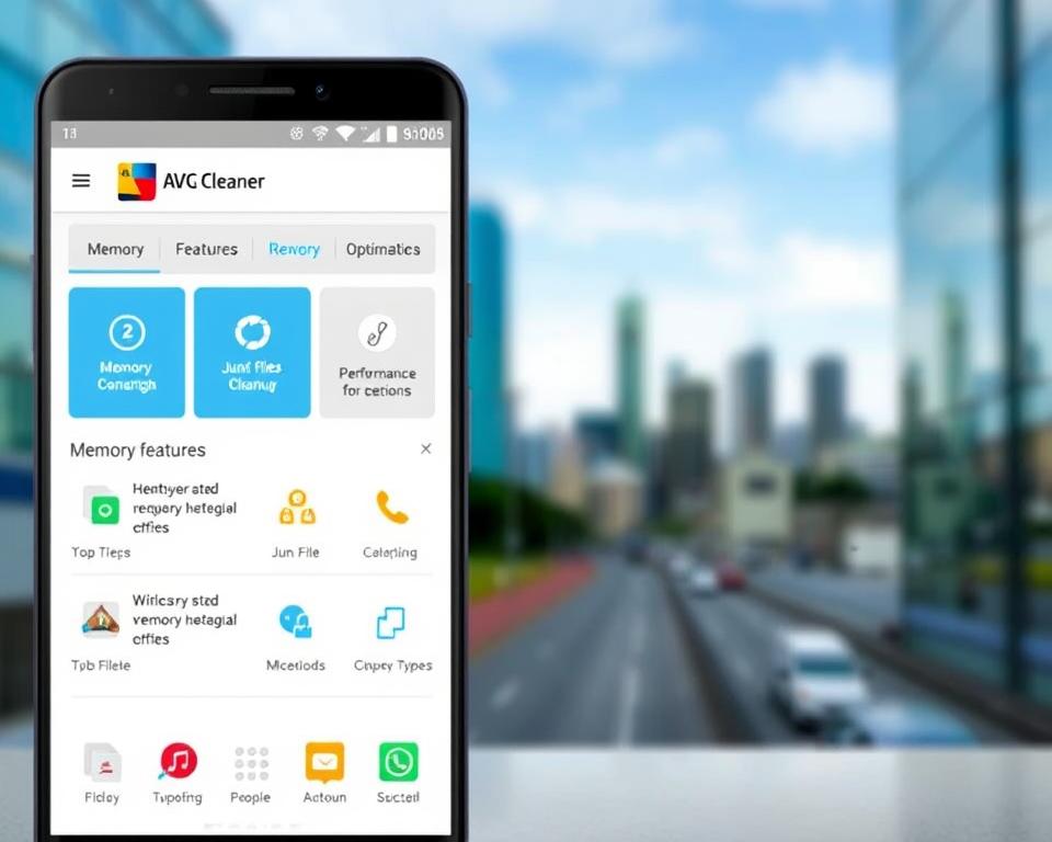 A modern and sleek Android mobile app interface, showcasing the AVG Cleaner app. The foreground displays the app's main dashboard, featuring a clean and intuitive design with prominent cleaning and optimization buttons. The middle ground highlights the app's key features, such as memory management, junk file cleanup, and performance boosting tools. The background depicts a blurred cityscape, suggesting the app's versatility and ability to enhance the user's mobile experience on the go. The overall scene conveys a sense of efficiency, control, and a streamlined approach to device optimization, perfectly aligning with the article's subject and section title.