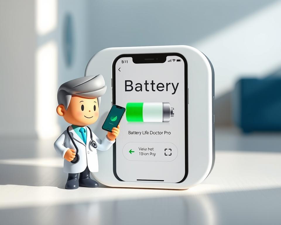 A professional-looking iOS app icon depicting a "Battery Life Doctor Pro" app. In the foreground, a doctor character in a white coat and stethoscope is examining a detailed illustration of a smartphone battery. The middle ground features a clean, minimalist UI design with app branding and a simple color palette. The background is a soft, blurred medical-themed environment with subtle geometric patterns. Lighting is natural and diffuse, casting soft shadows. The overall mood is one of trustworthiness, expertise, and premium medical-grade care for your smartphone's battery health. A professional-looking iOS app icon depicting a "Battery Life Doctor Pro" app. In the foreground, a doctor character in a white coat and stethoscope is examining a detailed illustration of a smartphone battery. The middle ground features a clean, minimalist UI design with app branding and a simple color palette. The background is a soft, blurred medical-themed environment with subtle geometric patterns. Lighting is natural and diffuse, casting soft shadows. The overall mood is one of trustworthiness, expertise, and premium medical-grade care for your smartphone's battery health.