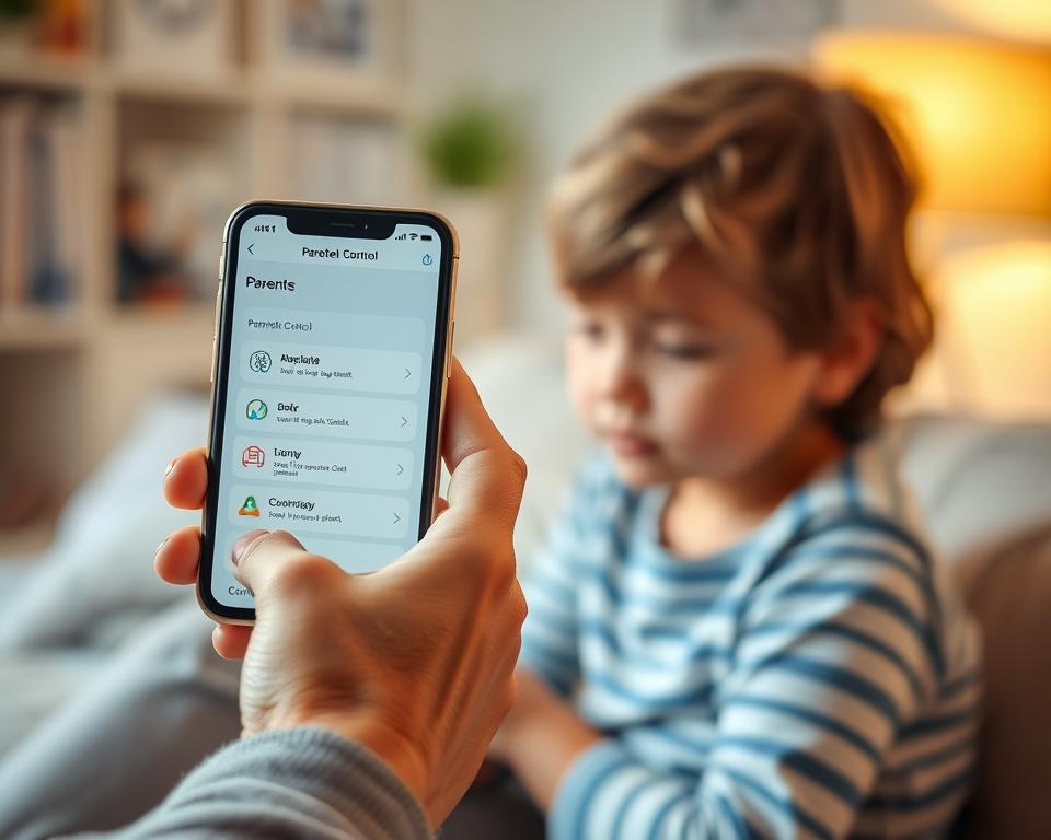 A responsible parent monitoring a child's digital activities with care and balance. In the foreground, a mature adult's hand gently holding a smartphone, its screen showing various parental control features. The middle ground depicts a curious child peeking over the parent's shoulder, conveying a sense of open communication and trust. The background features a soft, blurred domestic setting, suggesting a nurturing home environment. The lighting is warm and inviting, creating an atmosphere of guidance and protection. A lens with a shallow depth of field focuses the viewer's attention on the central interaction, reflecting the delicate equilibrium between safeguarding and respecting privacy.