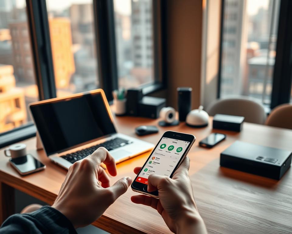 A serene and minimalist workspace with a laptop, smartphone, and various Wi-Fi-enabled devices arranged on a clean, wooden desk. The scene is bathed in warm, natural lighting from a large window, creating a calming and inviting atmosphere. In the foreground, a hand thoughtfully selects a Wi-Fi app on the smartphone, reflecting the deliberate process of choosing the perfect app for one's needs. The background features a blurred cityscape, hinting at the ubiquity of public Wi-Fi networks. The overall composition conveys a sense of focus, efficiency, and the importance of making an informed decision when connecting to Wi-Fi.