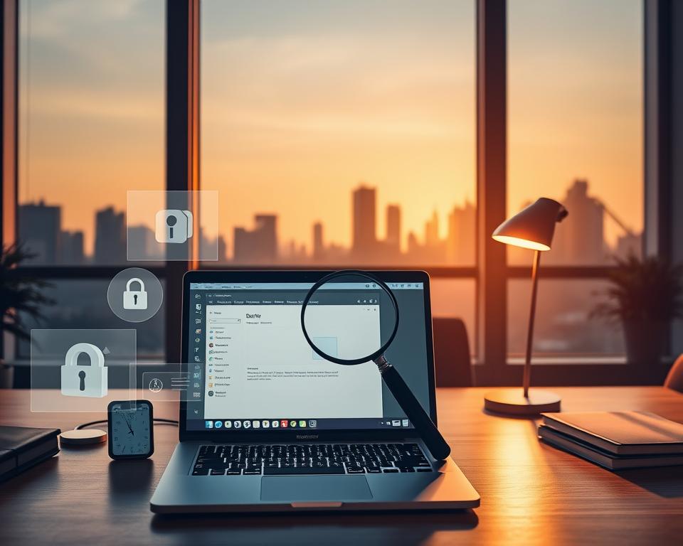 A serene office scene with a laptop on a wooden desk, surrounded by security icons, application windows, and a magnifying glass hovering over the screen. The lighting is soft and warm, creating a contemplative atmosphere. In the background, a silhouetted city skyline can be seen through large windows, suggesting the importance of third-party app security in the digital age. The composition emphasizes the delicate balance between convenience and risk when using external applications, inviting the viewer to consider the precautions necessary to protect one's online privacy and data. A serene office scene with a laptop on a wooden desk, surrounded by security icons, application windows, and a magnifying glass hovering over the screen. The lighting is soft and warm, creating a contemplative atmosphere. In the background, a silhouetted city skyline can be seen through large windows, suggesting the importance of third-party app security in the digital age. The composition emphasizes the delicate balance between convenience and risk when using external applications, inviting the viewer to consider the precautions necessary to protect one's online privacy and data.
