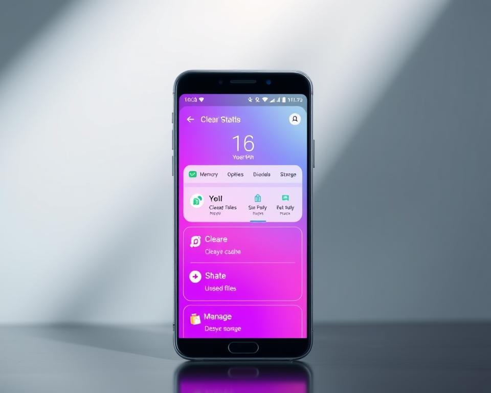 A sleek and modern mobile app interface showcasing the essential features of a cleaning and optimization tool for smartphones. In the foreground, a vibrant and intuitive dashboard displays options for clearing cache, deleting unused files, and managing storage. The middle ground highlights a clean and organized device status, with visual indicators of memory usage and battery life. In the background, a subtle geometric pattern creates a sense of depth and sophistication. The lighting is soft and diffused, creating a calming and professional atmosphere. The camera angle is slightly elevated, providing an overview of the app's key functionalities. A sleek and modern mobile app interface showcasing the essential features of a cleaning and optimization tool for smartphones. In the foreground, a vibrant and intuitive dashboard displays options for clearing cache, deleting unused files, and managing storage. The middle ground highlights a clean and organized device status, with visual indicators of memory usage and battery life. In the background, a subtle geometric pattern creates a sense of depth and sophistication. The lighting is soft and diffused, creating a calming and professional atmosphere. The camera angle is slightly elevated, providing an overview of the app's key functionalities.