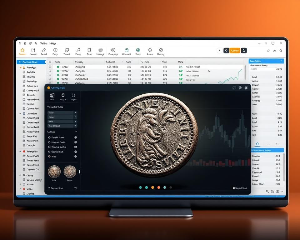 A sleek, professional-looking desktop app interface, showcasing the comprehensive features of CoinManage. The foreground displays a clean, intuitive dashboard with various tools for managing a coin collection - a list of coins, detailed information panes, sorting/filtering options. The middle ground features an interactive 3D display of a rare, ancient coin, allowing users to closely examine its intricate design. The background subtly hints at the app's powerful database, with stylized graphs and visualizations of coin values and trends. Warm, muted tones create a premium, serious atmosphere, conveying the app's utility for serious numismatic enthusiasts. Crisp, high-resolution rendering with a sophisticated, minimalist aesthetic. A sleek, professional-looking desktop app interface, showcasing the comprehensive features of CoinManage. The foreground displays a clean, intuitive dashboard with various tools for managing a coin collection - a list of coins, detailed information panes, sorting/filtering options. The middle ground features an interactive 3D display of a rare, ancient coin, allowing users to closely examine its intricate design. The background subtly hints at the app's powerful database, with stylized graphs and visualizations of coin values and trends. Warm, muted tones create a premium, serious atmosphere, conveying the app's utility for serious numismatic enthusiasts. Crisp, high-resolution rendering with a sophisticated, minimalist aesthetic.