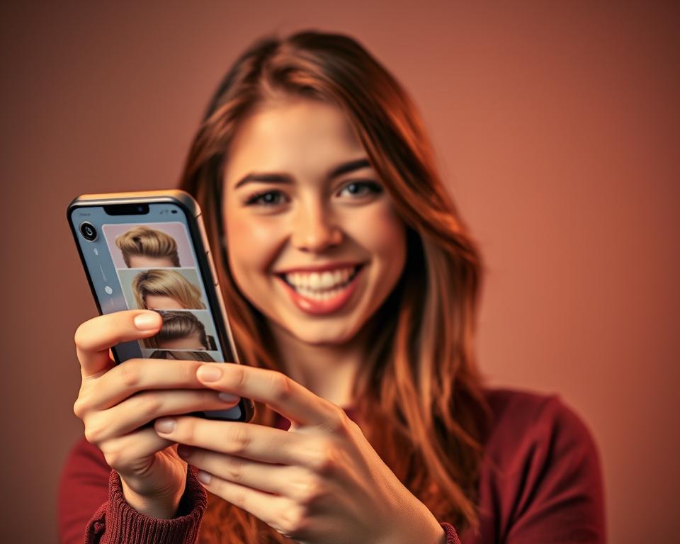 A stylish young person holding a smartphone, their face filled with excitement as they explore a mobile app to virtually try on different hairstyles. The app's interface is prominently displayed, showcasing an array of trendy haircuts and styles. Warm studio lighting accentuates the user's features, and the background is softly blurred, keeping the focus on the engaging interaction with the digital hairstyle simulation. A stylish young person holding a smartphone, their face filled with excitement as they explore a mobile app to virtually try on different hairstyles. The app's interface is prominently displayed, showcasing an array of trendy haircuts and styles. Warm studio lighting accentuates the user's features, and the background is softly blurred, keeping the focus on the engaging interaction with the digital hairstyle simulation.