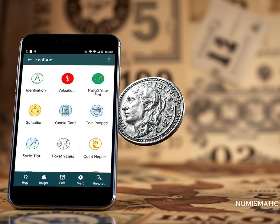 A vibrant, well-designed app interface showcasing the key features of a professional numismatic application. The foreground displays a clean, intuitive layout with clear icons and labels highlighting functions like coin identification, valuation, and collection management. The middle ground features a detailed 3D rendering of an ancient silver coin, rotating to showcase its intricate design and condition. The background subtly conveys a sense of history, with a muted pattern of vintage banknotes or parchment textures. The overall mood is one of precision, authority, and a passion for preserving numismatic heritage. Crisp lighting, a shallow depth of field, and a carefully balanced composition draw the viewer's attention to the app's core functionalities. A vibrant, well-designed app interface showcasing the key features of a professional numismatic application. The foreground displays a clean, intuitive layout with clear icons and labels highlighting functions like coin identification, valuation, and collection management. The middle ground features a detailed 3D rendering of an ancient silver coin, rotating to showcase its intricate design and condition. The background subtly conveys a sense of history, with a muted pattern of vintage banknotes or parchment textures. The overall mood is one of precision, authority, and a passion for preserving numismatic heritage. Crisp lighting, a shallow depth of field, and a carefully balanced composition draw the viewer's attention to the app's core functionalities.