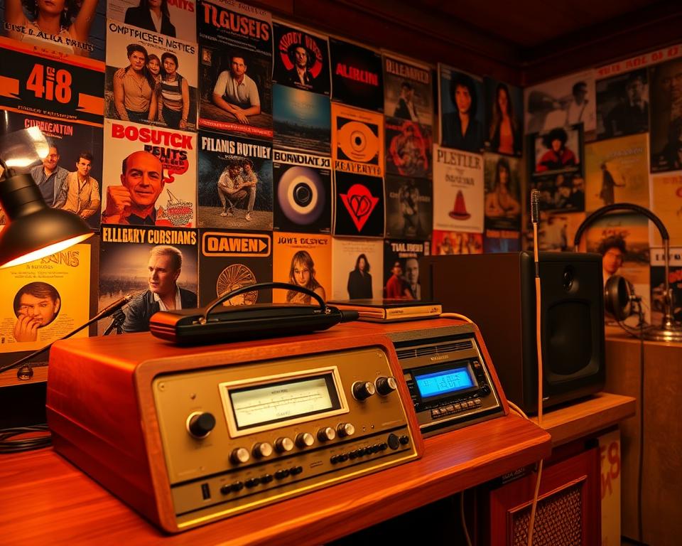 A vintage radio station with a retro aesthetic, featuring a wooden console with dials and knobs, an analog display, and a microphone. The station is bathed in warm, amber lighting, creating a cozy and nostalgic atmosphere. In the background, a collage of classic album covers and posters from the 80s and 90s adorn the walls, transporting the viewer to a bygone era of musical excellence. The image is captured at a medium angle, showcasing the station's attention to detail and the inviting ambiance, perfect for those seeking a taste of the past in their music listening experience. A vintage radio station with a retro aesthetic, featuring a wooden console with dials and knobs, an analog display, and a microphone. The station is bathed in warm, amber lighting, creating a cozy and nostalgic atmosphere. In the background, a collage of classic album covers and posters from the 80s and 90s adorn the walls, transporting the viewer to a bygone era of musical excellence. The image is captured at a medium angle, showcasing the station's attention to detail and the inviting ambiance, perfect for those seeking a taste of the past in their music listening experience.