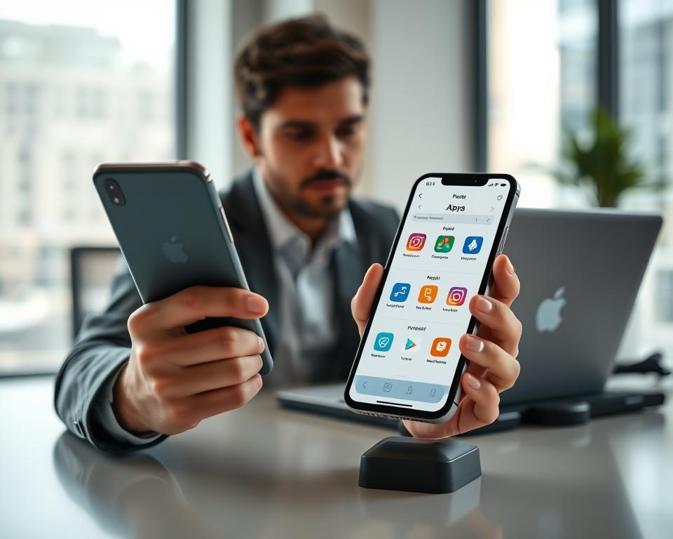 A well-lit, high-resolution scene depicting a person meticulously evaluating and comparing various mobile apps on a large smartphone display. The smartphone is positioned prominently in the foreground, showcasing a clean and intuitive user interface. In the middle ground, the person is seated at a modern, minimalist desk, deeply immersed in the app selection process. The background features a sleek, contemporary office environment with large windows, allowing natural light to filter in and creating a warm, inviting atmosphere. The overall mood is one of focus, diligence, and the pursuit of the ideal solution for the user's specific needs. A well-lit, high-resolution scene depicting a person meticulously evaluating and comparing various mobile apps on a large smartphone display. The smartphone is positioned prominently in the foreground, showcasing a clean and intuitive user interface. In the middle ground, the person is seated at a modern, minimalist desk, deeply immersed in the app selection process. The background features a sleek, contemporary office environment with large windows, allowing natural light to filter in and creating a warm, inviting atmosphere. The overall mood is one of focus, diligence, and the pursuit of the ideal solution for the user's specific needs.