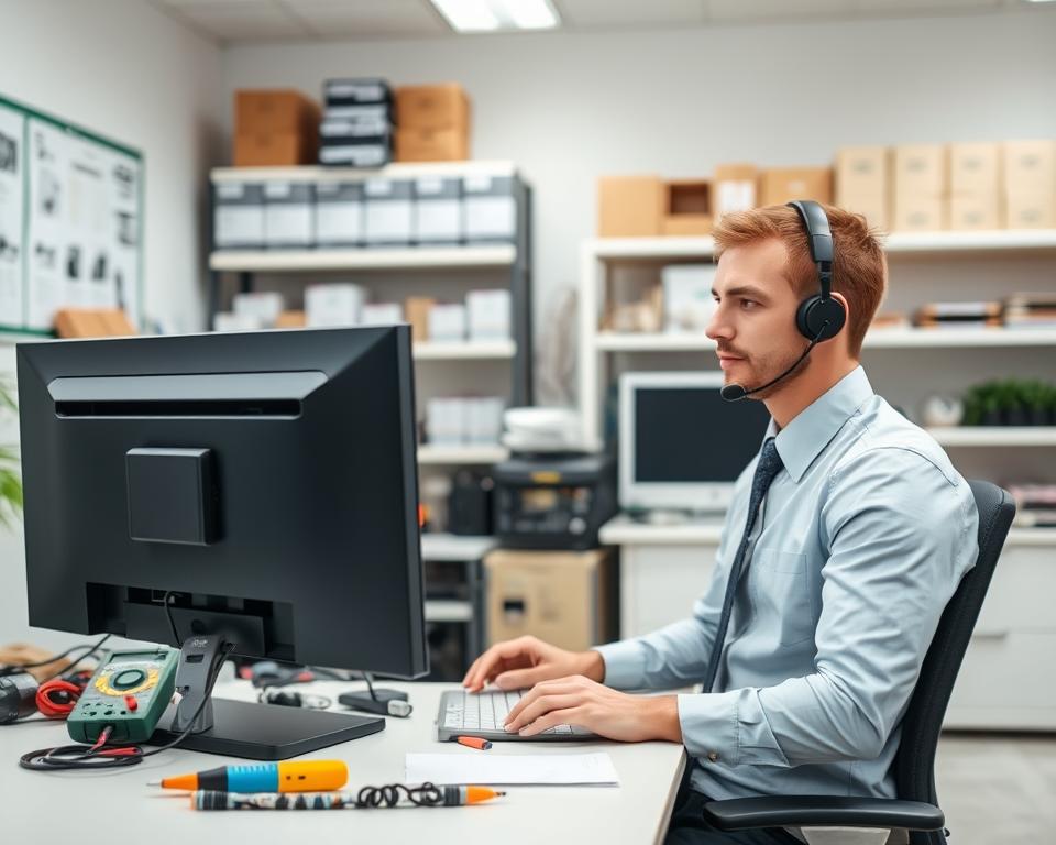 A bright, well-lit office interior with a desk, computer monitor, and various technical equipment. In the foreground, a person in a collared shirt and tie is seated at the desk, intently focused on the computer screen, symbolizing the technical support and diagnostics process. The middle ground features a variety of tools and gadgets, such as a multimeter, diagnostic scanner, and wiring, hinting at the technical nature of the work. The background depicts shelves filled with organized, neatly labeled boxes and manuals, conveying a sense of expertise and professionalism. The overall atmosphere is one of diligence, attention to detail, and a commitment to providing high-quality technical support.