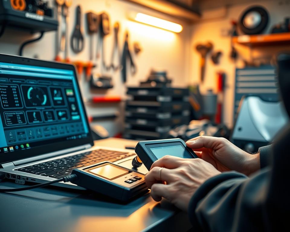 A clean, well-lit workshop setting with a laptop connected to an OBD2 diagnostic scanner via a cable. The laptop screen displays a user interface with various diagnostic readouts and controls. In the foreground, a mechanic's hands operate the scanner, navigating the software step-by-step. The background features neatly organized tools and automotive parts, conveying a professional, technical atmosphere. Warm, directional lighting creates shadows and highlights the process, while a shallow depth of field keeps the focus on the core diagnostic activity. The scene should feel informative, instructional, and visually engaging to complement the article's subject and section title.