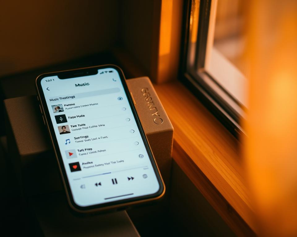 A cozy and modern music app interface with customizable configurations on a sleek smartphone display. Warm lighting from a nearby window creates a soft, inviting ambiance. The app features a clean, intuitive layout with prominent music controls, customizable settings, and a visually appealing album artwork display. The overall scene evokes a sense of personalization, comfort, and immersive music listening experience.