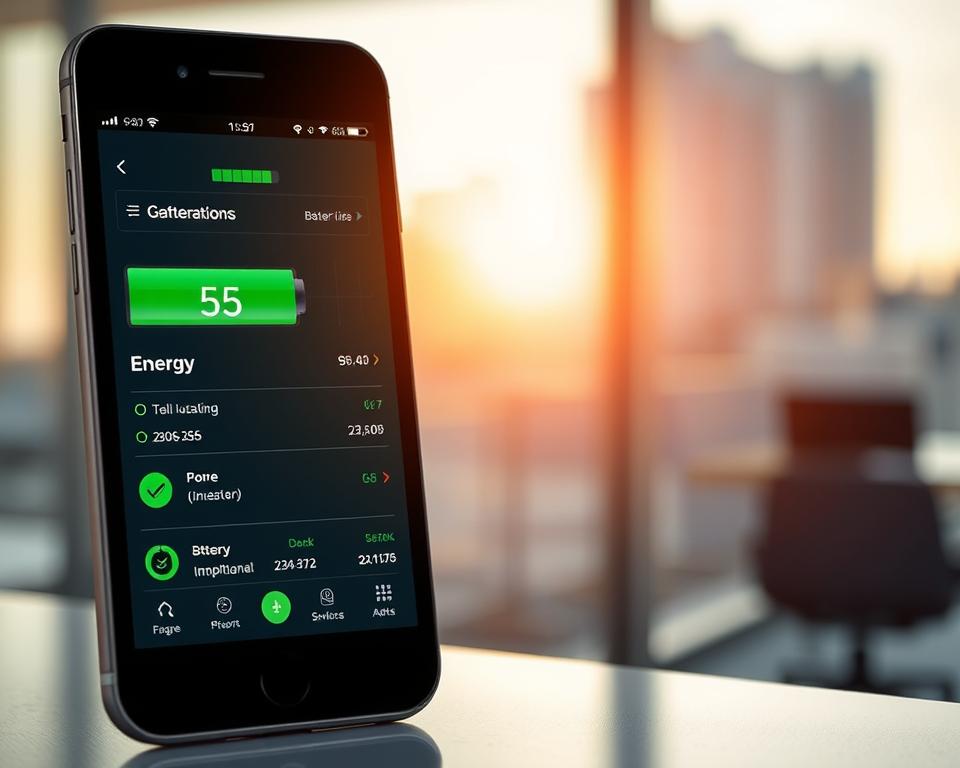 A detailed, photorealistic image of the real-world results and impact of battery-saving apps on a smartphone's battery life and performance. The foreground showcases a smartphone display with battery percentage, usage statistics, and energy optimization settings. The middle ground depicts a graph or chart comparing battery life before and after using the app. The background features a cityscape or office environment, conveying the practical, everyday context in which these battery-saving apps are used. The lighting is natural and warm, creating a sense of clarity and reliability. The overall composition and mood evoke a sense of practical, tangible improvement in the user's daily mobile experience.