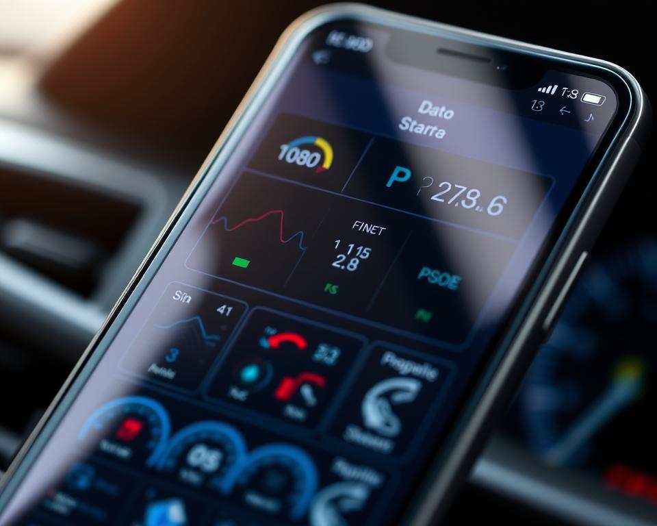 A detailed, technical close-up of the EOBD Facile automotive diagnostics app interface displayed on a modern smartphone screen. The app's user interface is showcased in a crisp, high-resolution view, highlighting its sleek, intuitive design and various analytical tools and metrics. The screen is illuminated by a soft, natural lighting that casts subtle shadows, creating depth and a sense of depth. The background is blurred, placing the focus entirely on the app's functionality and user experience.