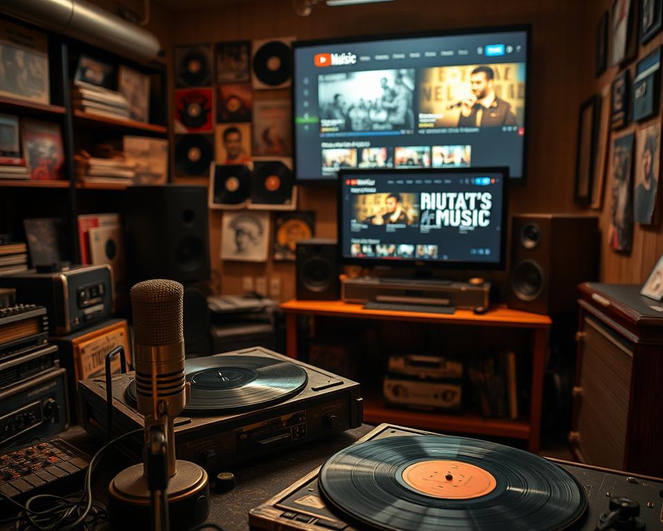 A dimly lit, retro-inspired music studio setting with an array of vintage audio equipment and recording memorabilia. In the foreground, an old-fashioned microphone and a well-worn vinyl record player take center stage, hinting at the rare, bygone era of music production. The middle ground features a wall lined with shelves of classic vinyl albums and cassette tapes, casting a warm, nostalgic glow. In the background, a large, vintage-styled computer monitor displays the YouTube Music interface, showcasing rare music video clips from the past. The overall atmosphere evokes a sense of timelessness, where the past and present seamlessly converge, inviting the viewer to explore the rich musical heritage preserved within YouTube Music.