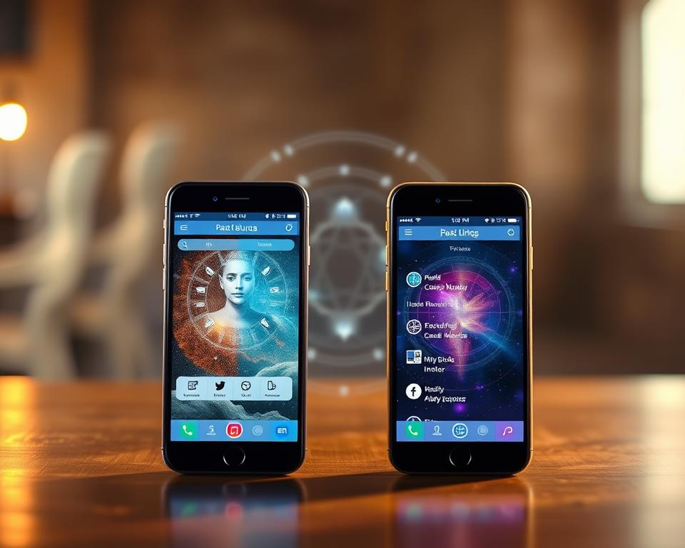 A dynamic and visually striking comparison of mobile apps focused on past life exploration. In the foreground, two smartphones displaying app interfaces side-by-side, representing a thoughtful juxtaposition of features and functionality. The middle ground showcases subtle holographic overlays, hinting at the metaphysical nature of the apps' capabilities. The background is a softly blurred, atmospheric setting, evoking a sense of introspection and personal discovery. The lighting is warm and inviting, with a touch of mysticism, guiding the viewer's attention to the central focal point. The overall composition conveys a sense of balance, choice, and the journey of uncovering one's past lives through digital tools. A dynamic and visually striking comparison of mobile apps focused on past life exploration. In the foreground, two smartphones displaying app interfaces side-by-side, representing a thoughtful juxtaposition of features and functionality. The middle ground showcases subtle holographic overlays, hinting at the metaphysical nature of the apps' capabilities. The background is a softly blurred, atmospheric setting, evoking a sense of introspection and personal discovery. The lighting is warm and inviting, with a touch of mysticism, guiding the viewer's attention to the central focal point. The overall composition conveys a sense of balance, choice, and the journey of uncovering one's past lives through digital tools.