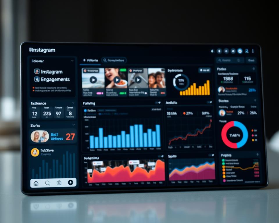 A dynamic, data-driven Instagram analytics dashboard with detailed follower and engagement insights. The foreground features a sleek, minimalist interface displaying real-time metrics such as follower growth, post engagement rates, and audience demographics. The middle ground showcases a series of interactive charts and graphs visualizing key performance indicators. In the background, a blurred Instagram feed provides context, with posts and Stories reflecting the diverse content that drives user engagement. The overall scene conveys a sense of analytical precision and social media savvy, setting the stage for an informative exploration of Instagram analytics.