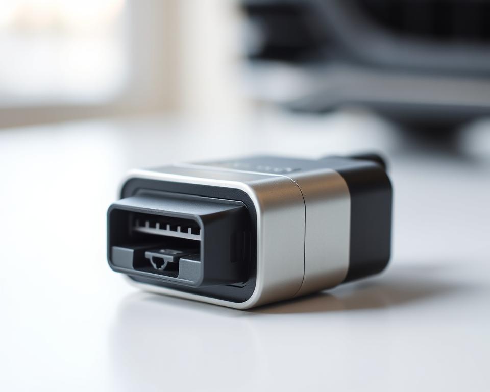 A high-quality, well-lit photograph of a vehicle diagnostic adapter, showcasing its sleek, modern design. The adapter is prominently displayed in the center of the frame, resting on a clean, minimalist surface. The background is slightly blurred, creating a sense of depth and focus on the subject. The lighting is soft and even, accentuating the adapter's metallic finish and highlighting its technical features. The overall composition conveys a sense of professionalism and attention to detail, reflecting the precision and reliability of automotive diagnostics.