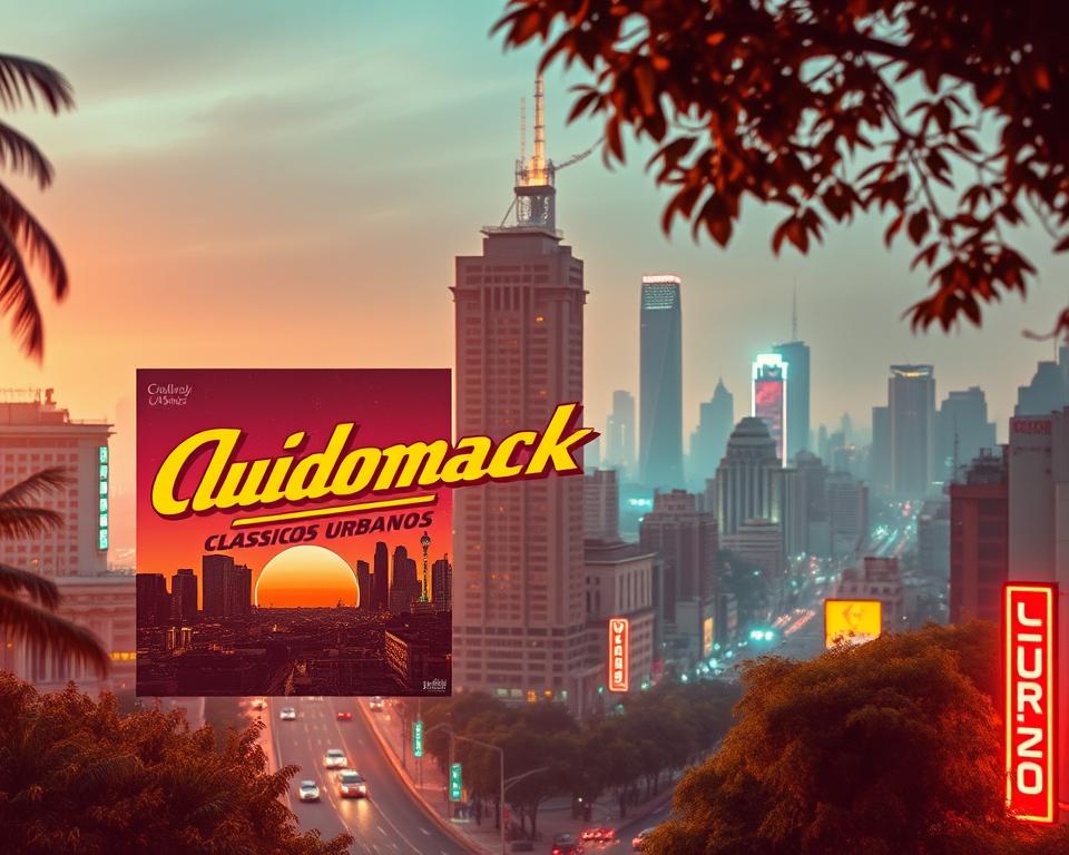 A lush urban landscape bathed in a warm, nostalgic glow. In the foreground, a vibrant retro-inspired album cover for "Audiomack Clássicos Urbanos" dominates the scene, its bold typography and retro-futuristic design elements capturing the essence of vintage musical styles. In the middle ground, a cityscape of towering skyscrapers and neon-lit streets unfolds, evoking the energy and dynamism of a bustling metropolitan area. The background is filled with a hazy, dreamlike atmosphere, as if the viewer is transported to a bygone era of analog sounds and timeless urban cool. The overall mood is one of wistful nostalgia and a celebration of the enduring legacy of classic urban music. A lush urban landscape bathed in a warm, nostalgic glow. In the foreground, a vibrant retro-inspired album cover for "Audiomack Clássicos Urbanos" dominates the scene, its bold typography and retro-futuristic design elements capturing the essence of vintage musical styles. In the middle ground, a cityscape of towering skyscrapers and neon-lit streets unfolds, evoking the energy and dynamism of a bustling metropolitan area. The background is filled with a hazy, dreamlike atmosphere, as if the viewer is transported to a bygone era of analog sounds and timeless urban cool. The overall mood is one of wistful nostalgia and a celebration of the enduring legacy of classic urban music.