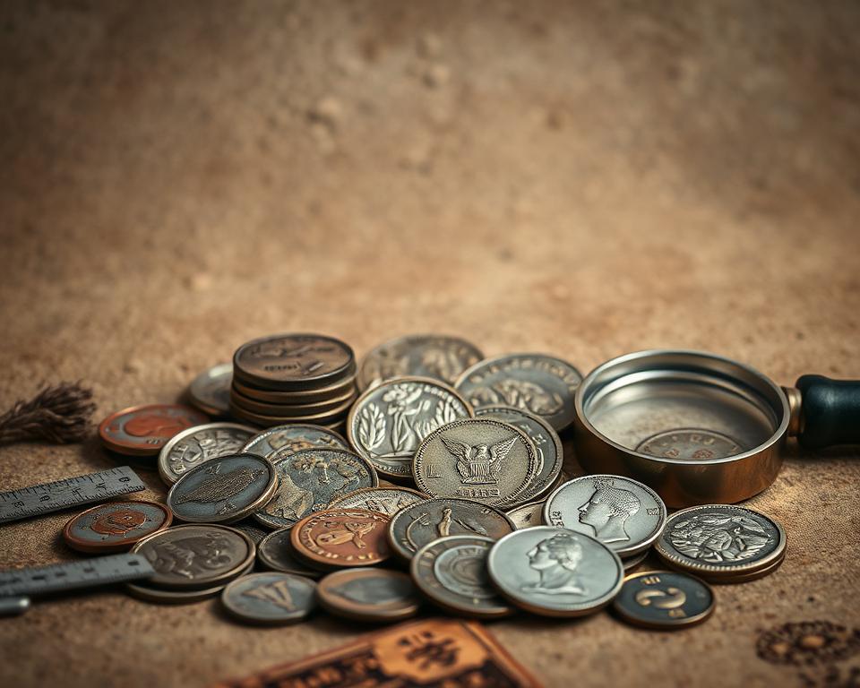 A meticulously crafted still life scene capturing the essence of "Dicas Essenciais para Maximizar Seus Resultados" in coin photography. Set against a muted, earthy backdrop, an array of ancient, rare coins are delicately arranged, their intricate details and tones accentuated by soft, directional lighting. The composition balances the coins with carefully placed accessories - a vintage loupe, a small ruler, and a magnifying glass - creating a sense of exploration and discovery. The overall mood is one of scholarly contemplation, inviting the viewer to closely examine the numismatic treasures on display.