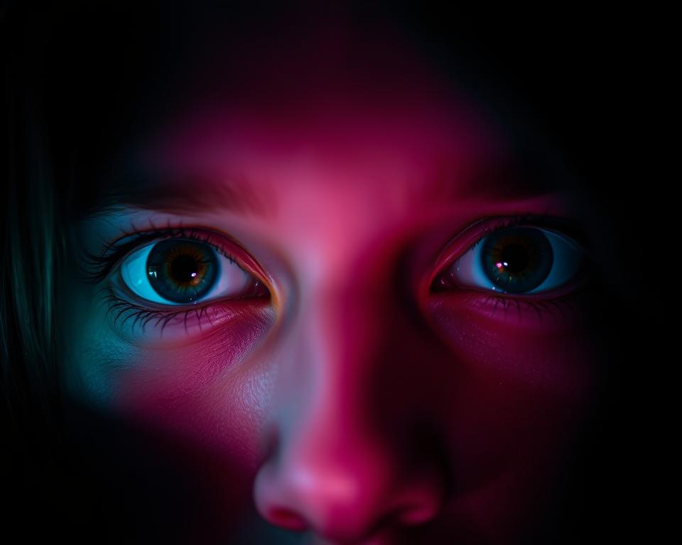 A night scene with a close-up view of a person's eyes, lit by the soft glow of a smartphone screen. The eyes are wide open, pupils dilated, capturing the iPhone's vivid night mode display. The face is partially obscured in shadow, creating an ethereal, mysterious atmosphere. The image should convey a sense of advanced night vision capabilities, as if the viewer is experiencing the world through the phone's enhanced low-light camera. Subtle blue and green tones should permeate the scene, evoking the cool digital ambiance of a nighttime smartphone interface. The overall composition should be sharp, cinematic, and immersive, drawing the viewer into the captivating "night eyes" experience. A night scene with a close-up view of a person's eyes, lit by the soft glow of a smartphone screen. The eyes are wide open, pupils dilated, capturing the iPhone's vivid night mode display. The face is partially obscured in shadow, creating an ethereal, mysterious atmosphere. The image should convey a sense of advanced night vision capabilities, as if the viewer is experiencing the world through the phone's enhanced low-light camera. Subtle blue and green tones should permeate the scene, evoking the cool digital ambiance of a nighttime smartphone interface. The overall composition should be sharp, cinematic, and immersive, drawing the viewer into the captivating "night eyes" experience.