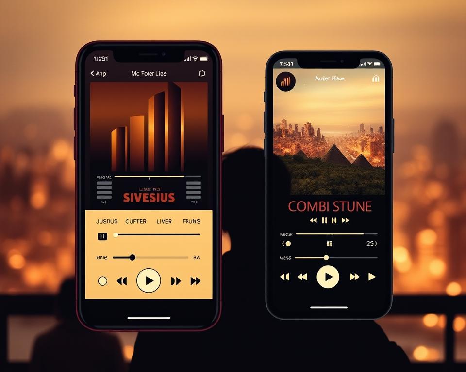 A retro-inspired grid layout featuring a side-by-side comparison of vintage-style music player interfaces. The foreground showcases two distinct apps with nostalgic UI elements, such as old-school digital displays, analog-inspired controls, and a warm, sepia-toned color palette. The middle ground depicts silhouetted listeners immersed in the music, evoking a sense of timeless enjoyment. The background features a softly blurred cityscape or landscape, creating a dreamy, nostalgic atmosphere. The scene is illuminated by a warm, mellow lighting, giving it a cozy, vintage feel. The overall composition conveys a sense of nostalgia, reminiscence, and the enduring appeal of cherished musical experiences.