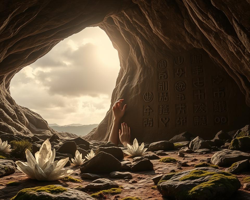 A serene, mystical landscape with a pair of hands gently tracing ancient symbols etched into the walls of an ancient cave. Soft, diffused lighting filters through the entrance, casting a warm glow across the scene. In the foreground, crystalline formations and moss-covered rocks line the ground, hinting at the timeless energy of this sacred space. In the background, a clouded starry sky hints at the expansive mysteries of the cosmos and the interconnectedness of all things. The overall atmosphere evokes a sense of contemplation, introspection and the exploration of one's own spiritual journey through past lives. A serene, mystical landscape with a pair of hands gently tracing ancient symbols etched into the walls of an ancient cave. Soft, diffused lighting filters through the entrance, casting a warm glow across the scene. In the foreground, crystalline formations and moss-covered rocks line the ground, hinting at the timeless energy of this sacred space. In the background, a clouded starry sky hints at the expansive mysteries of the cosmos and the interconnectedness of all things. The overall atmosphere evokes a sense of contemplation, introspection and the exploration of one's own spiritual journey through past lives.