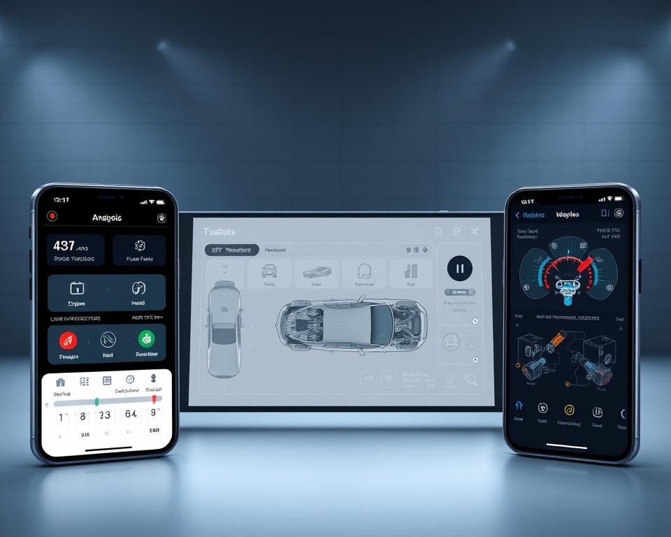 A sleek, modern automotive diagnostic app interface, showcasing a comparative analysis of top-rated mobile applications for vehicle health monitoring. The foreground features a clean, minimalist design with intuitive controls and a clear display of key metrics - engine performance, emissions, and fault codes. The middle ground incorporates detailed vehicle schematics and component diagrams, allowing users to visualize system interconnections. The background evokes a high-tech, futuristic atmosphere with a subtle grid pattern and muted color palette, conveying the precision and sophistication of the diagnostic tools. Soft, directional lighting enhances the sense of depth and highlights the app's user-friendly layout and informative data visualization. A sleek, modern automotive diagnostic app interface, showcasing a comparative analysis of top-rated mobile applications for vehicle health monitoring. The foreground features a clean, minimalist design with intuitive controls and a clear display of key metrics - engine performance, emissions, and fault codes. The middle ground incorporates detailed vehicle schematics and component diagrams, allowing users to visualize system interconnections. The background evokes a high-tech, futuristic atmosphere with a subtle grid pattern and muted color palette, conveying the precision and sophistication of the diagnostic tools. Soft, directional lighting enhances the sense of depth and highlights the app's user-friendly layout and informative data visualization.
