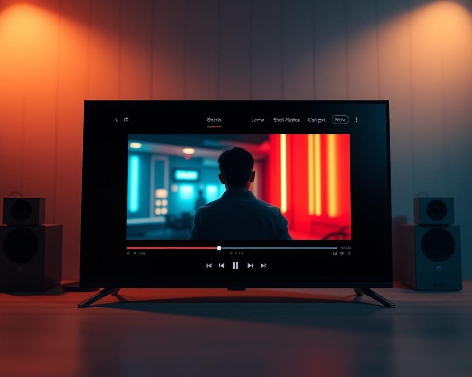 A sleek, modern interface with a cinematic feel. In the foreground, a high-resolution video player showcases a short film in vibrant colors and sharp detail. The middle ground features a clean, minimalist layout with intuitive controls and a premium aesthetic. In the background, a subtle film grain texture adds depth and a touch of cinematic charm. Soft, directional lighting creates a warm, immersive atmosphere, guiding the viewer's attention to the central video content. The overall impression is one of a premium, polished, and visually captivating streaming experience for short-form entertainment.