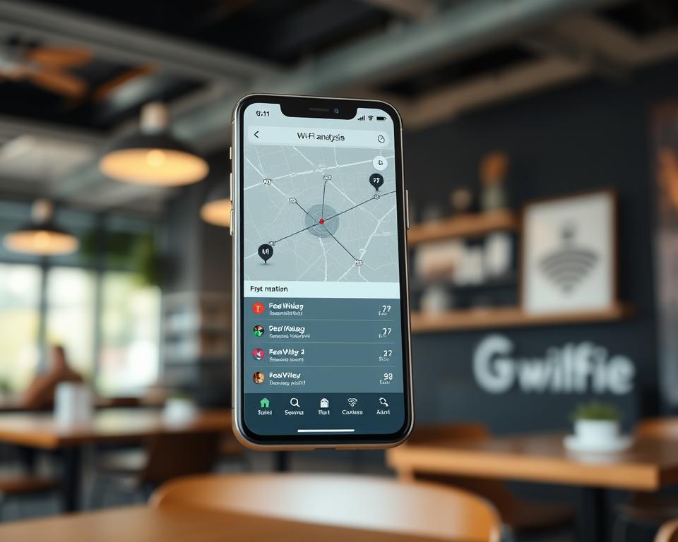 A sleek, modern smartphone screen displaying a Wi-Fi analysis app, with a clean, minimalist user interface. The app showcases a network map, signal strength indicators, and a list of nearby wireless networks. The screen is set against a blurred background of a coffee shop or coworking space, suggesting the practical application of the app in a real-world setting. The lighting is soft and natural, creating a professional and inviting atmosphere. The camera angle is slightly elevated, providing an overview of the app's functionality. The image conveys the power and convenience of advanced Wi-Fi analysis tools for the modern, tech-savvy user.