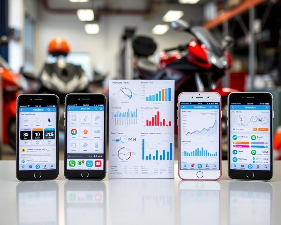 A sleek, well-lit comparison of leading automotive diagnostic apps for motorcycles. In the foreground, several smartphone displays showcase the user interfaces and key features of the top apps, with clean, high-quality product shots. The middle ground features technical diagrams, graphs, and data visualizations that highlight the capabilities and performance metrics of the apps. The background sets a professional, informative tone with a blurred automotive repair workshop or showroom, conveying the practical applications of these diagnostic tools. The overall composition strikes a balance between form and function, showcasing the apps in a visually compelling way that supports the article's in-depth analysis.