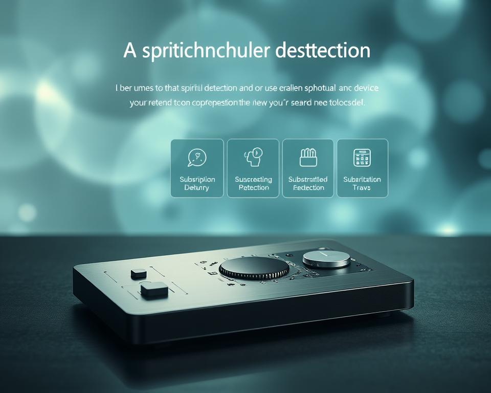 A sophisticated spiritual detection device with a sleek, minimalist design. The foreground features the device itself, a smooth, rectangular panel with intricate circuitry and sensors. The middle ground showcases various subscription plan options, represented by elegant icons and typography. The background is a serene, ethereal environment, with soft lighting and a sense of mystical energy, hinting at the device's supernatural capabilities. The overall mood is one of technological innovation, spiritual connection, and the allure of unlocking the unseen world.