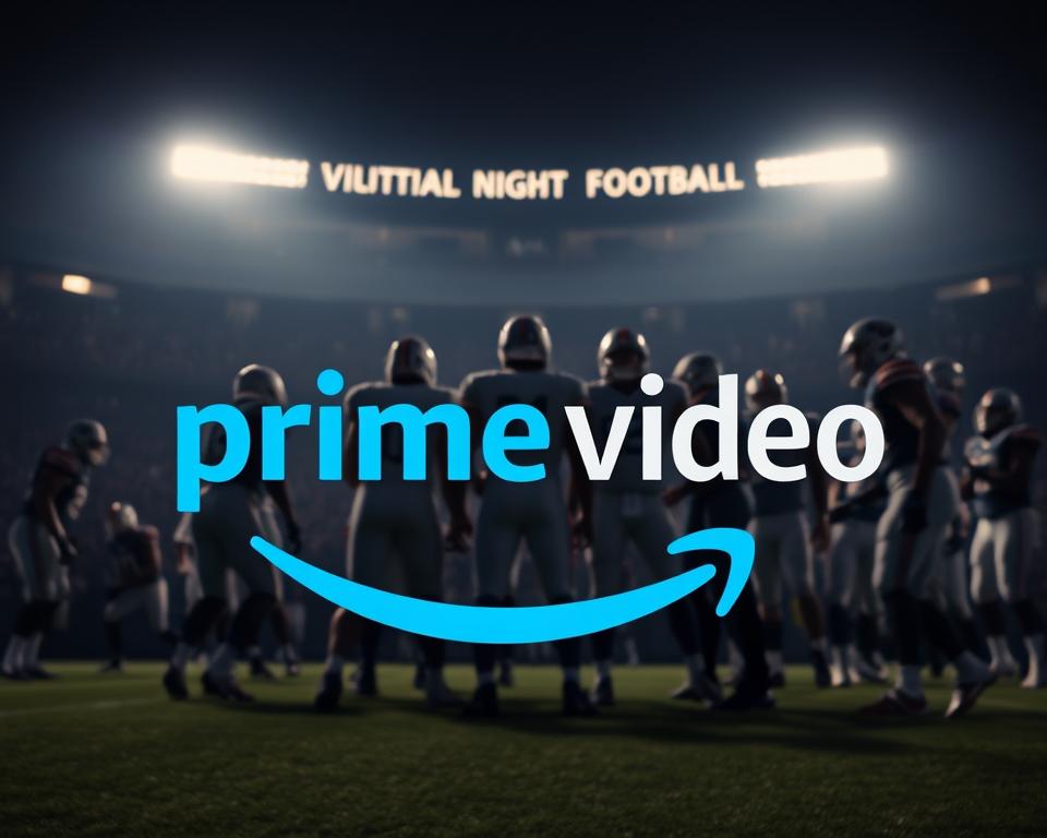 A striking, cinematic image showcasing the Amazon Prime Video NFL Thursday Night Football experience. In the foreground, the Amazon Prime Video logo shines brightly, its iconic smile conveying the platform's entertainment value. In the middle ground, a group of football players in action, their uniforms and movements captured in crisp detail, reflecting the high-quality sports broadcasting. The background features a dimly lit stadium, the crowd's energy palpable through the dramatic lighting and shadows. The overall atmosphere evokes a sense of excitement and exclusivity, capturing the essence of Amazon Prime Video's NFL Thursday Night Football streaming. A striking, cinematic image showcasing the Amazon Prime Video NFL Thursday Night Football experience. In the foreground, the Amazon Prime Video logo shines brightly, its iconic smile conveying the platform's entertainment value. In the middle ground, a group of football players in action, their uniforms and movements captured in crisp detail, reflecting the high-quality sports broadcasting. The background features a dimly lit stadium, the crowd's energy palpable through the dramatic lighting and shadows. The overall atmosphere evokes a sense of excitement and exclusivity, capturing the essence of Amazon Prime Video's NFL Thursday Night Football streaming.