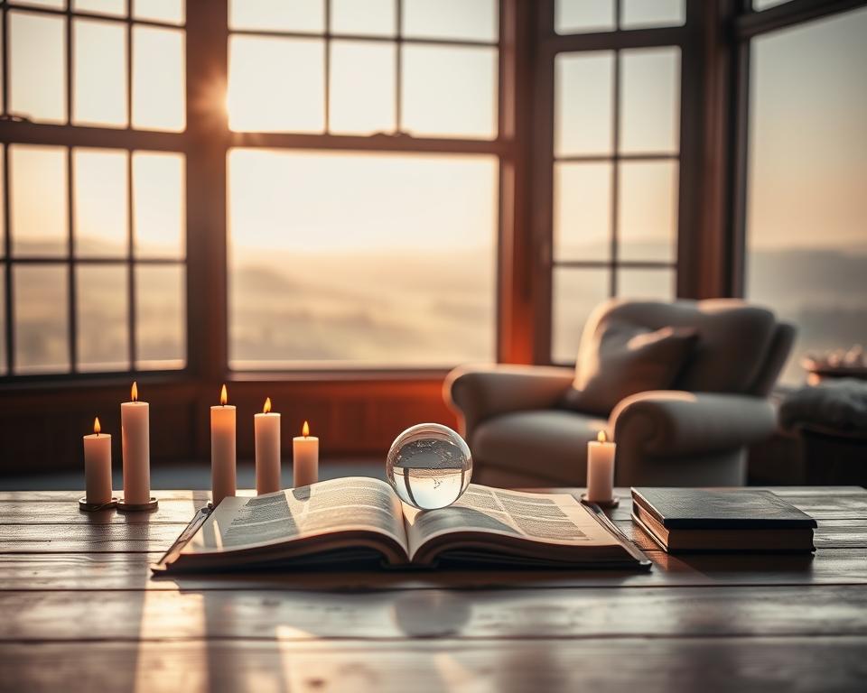 A tranquil meditation space, illuminated by warm, natural light filtering through a large window. In the foreground, a wooden table holds an open book, a crystal sphere, and several candles flickering softly. In the middle ground, a plush armchair invites contemplation, while the background features a serene, ethereal landscape of rolling hills and a distant, hazy horizon. The atmosphere is one of introspection and exploration of the mysteries of the past, captured through a lens of soft focus and muted colors. A tranquil meditation space, illuminated by warm, natural light filtering through a large window. In the foreground, a wooden table holds an open book, a crystal sphere, and several candles flickering softly. In the middle ground, a plush armchair invites contemplation, while the background features a serene, ethereal landscape of rolling hills and a distant, hazy horizon. The atmosphere is one of introspection and exploration of the mysteries of the past, captured through a lens of soft focus and muted colors.