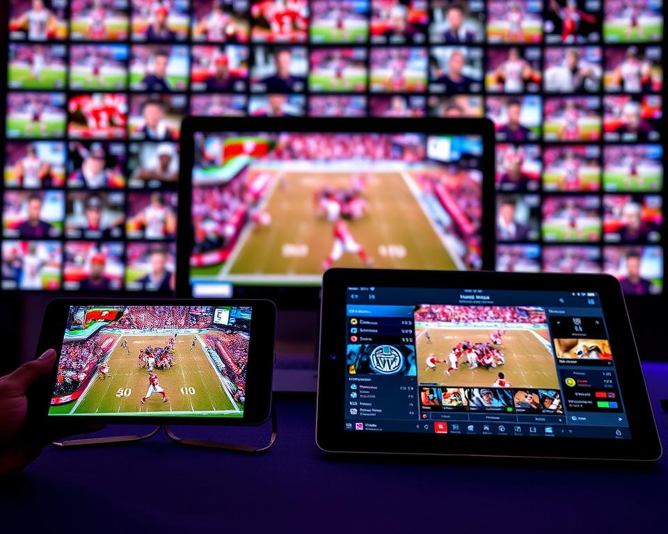 A vibrant and dynamic scene of NFL streaming on multiple digital devices. In the foreground, a smartphone and tablet display live game footage, their screens illuminated with the intense action on the field. In the middle ground, a laptop showcases an immersive sports streaming app, its interface sleek and user-friendly. The background is filled with a subtle grid of smaller screens, each displaying different camera angles and player stats, creating a sense of comprehensive coverage. The overall atmosphere is one of excitement and technological integration, perfectly capturing the experience of seamless NFL streaming on the go.